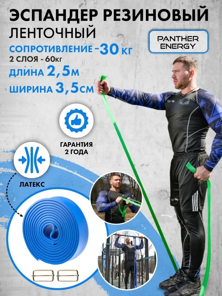 Эспандер резиновый ленточный для подтягивания 2.5 м, борцовский жгут спортивный, лента (нагрузка 2-30кг) синий