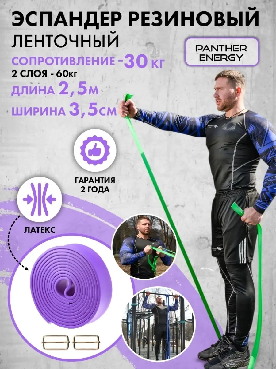 Эспандер резиновый ленточный для подтягивания 2.5 м, борцовский жгут спортивный, лента (нагрузка 2-30кг)  сиреневый