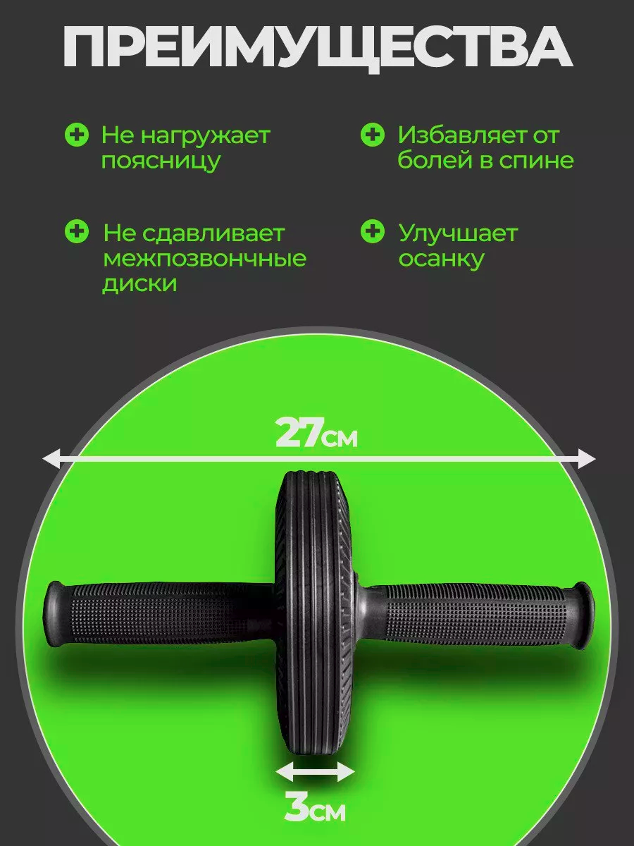Ролик для пресса 2-колесный, тренажер для спины и рук 2 колеса, гимнастическое колесо для спорта и фитнеса черный